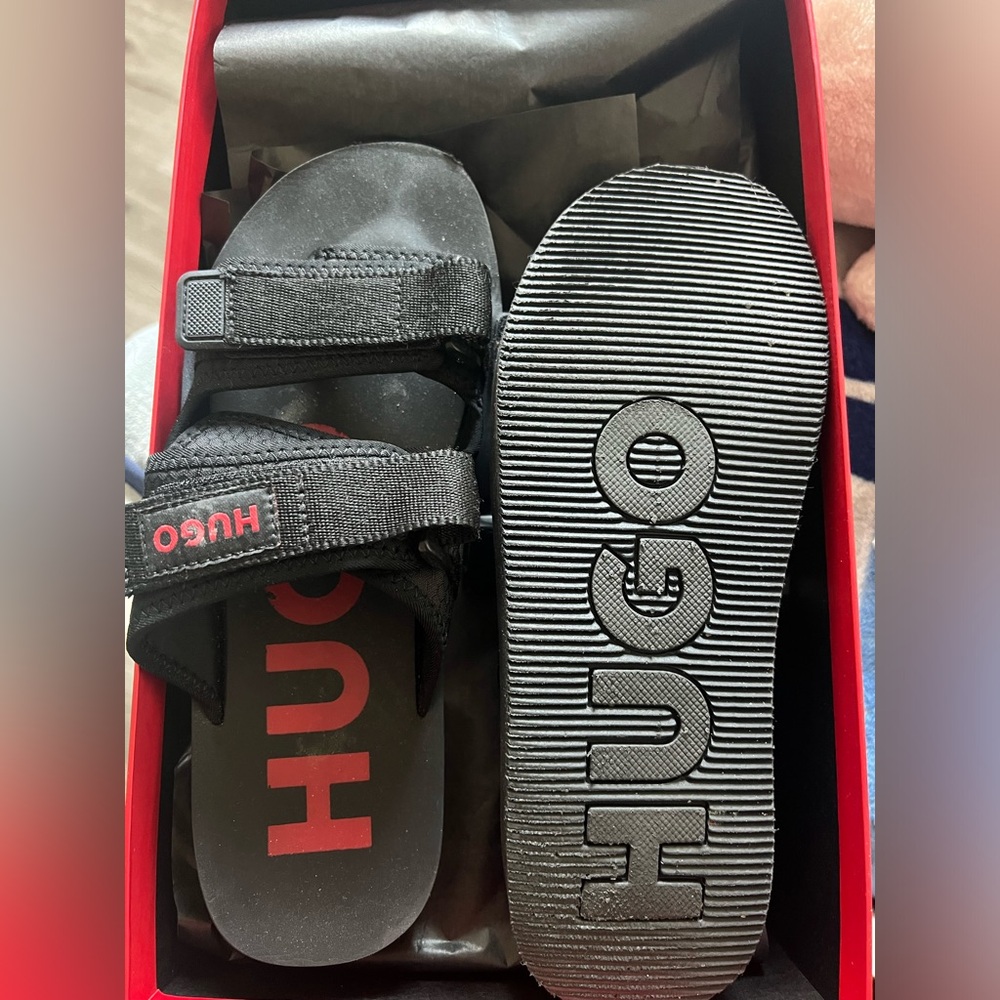 Hugo men sandals, two pair size 7 used, have details.